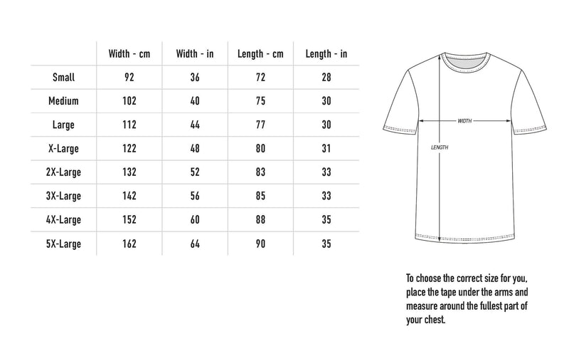 Size chart for Horse Tee - Sport Grey
